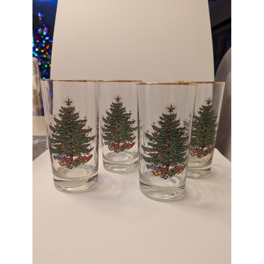 Spode Christmas Tree Water Highball Glasses Set of 4 Gold Rim MINT